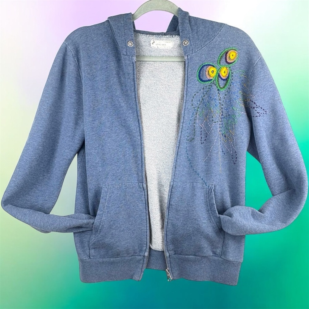 LOVE YAYA Dusty Blue Colorful Embroidered long sleeve Zip Up Hoodie Top 2 Medium